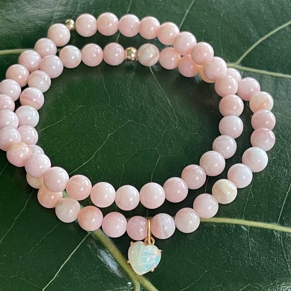 Handmade Pink Peruvian Opal beaded Sphere necklace 14k gold